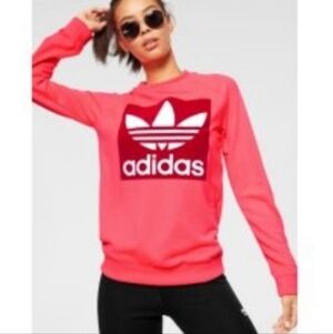 ADIDAS WOMENS TREFOIL CREW SWEATSHIRT FLARED sz S Neon And Red